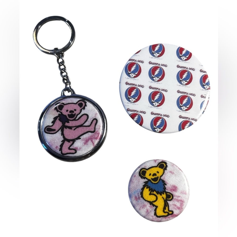Grateful Dead Pink Tie-Dye Dancing Bear Keychain with Yellow Bear Pins